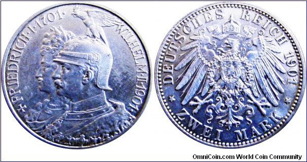 2 mark, 200 Years Kingdom of Prussia, 11,111 g., .900 Silver, .3215 oz, mint mark A 