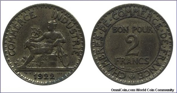 3rd French Republic, 2 francs, 1922, Al-Bronze, 27mm, 8g.