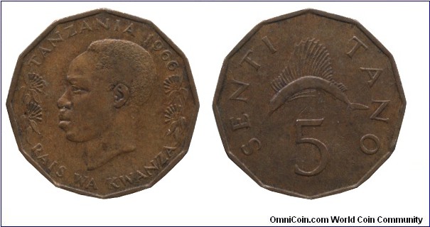 Tanzania, 5 senti, 1966, Bronze, 22.5mm, 4g, Sailor fish, President Nyerere.