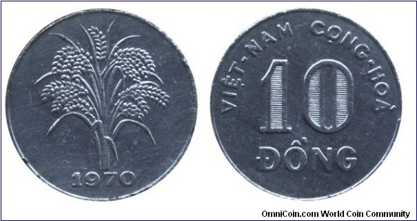 Republic of Vietnam, 10 dongs, 1970, Ni-Steel, Rice plant.