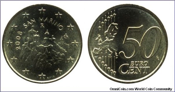 San MArino, 50 cents, 2008, Cu-Al-Zn-Sn, 24.25mm, 7.8g, Castel of San Marino, New Map of  Europe.