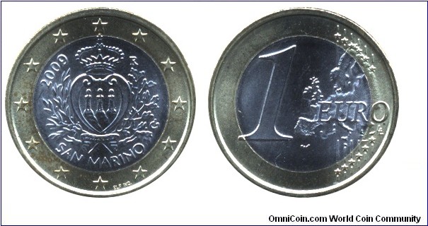 San Marino, 1 euro, 2009, Ni-Brass-Cu-Ni, bi-metallic, 23.25mm, 7.5g, New Map of Europe.
