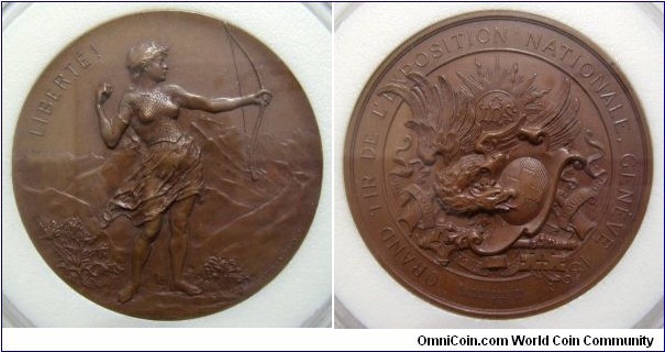 Swiss Shooting Fest.
Geneva by Hugues Bovy. Bronze. 45 MM. Mintage: 1,202