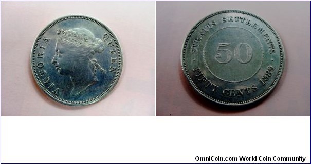 Very Scarce 1889 Straits Settlements Queen Victoria 50 Cents coin,very very rare,mintage-32,042