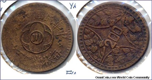 200 CASH, copper, Republic of China Year 15,  Szechuan. 民国十五年“川”銅幣
，毎枚當200文。