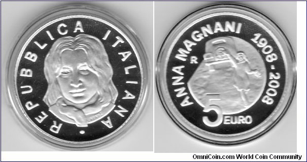 Centenary of the birth of Anna Magnani 
1908/2008
5 euro AG 925/1000