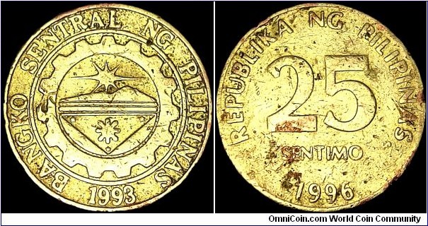 Philippines - 25 Sentimos - 1996 - Weight 3,8 gr - Brass - Size 20 mm - President / Fidel Valdez Ramos (1992-98) - Reverse / Central Bank seal within circle and gear design - Edge : Plain - Reference KM# 271 (1995-2003)