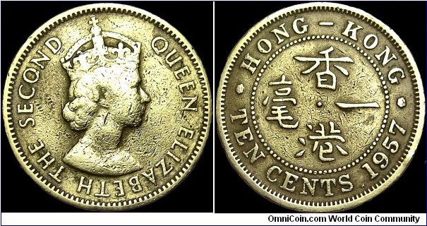 Hong Kong - 10 Cents - 1957 - Weight 4 gr - Nickel / Brass - Size 20,5 mm - Ruler / Elizabeth II (1952-) - Mint mark / H = Heaton - Mintage 5 250 000 - Edge : Reeded - Reference KM# 28.1 (1955-68) 