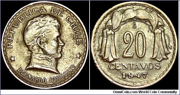 Chile - 20 Centavos - 1947 - Weight 2,9 gr - Copper - Size 18 mm - President / Gabriel Gonzàlez Videla (1946-52) - Obverse / Armored bust of General Bernardo O´Higgins - Mint mark SO = Santiago - Edge : Plain - Mintage 15 700 000 - Reference KM# 177 (1942-53)
