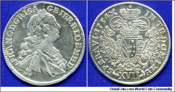 17 kreuzer.
Francisus I (1745-1765), Lorriane, Emperor of Holy Roman Empire.
*PR* - Prague mint.
The last year of coinage of this denomination.
Ø-27-30mm.


Ag563f. 6,12-6,4gr.