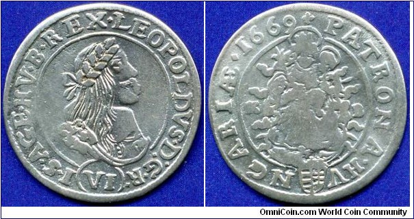 6 kreuzer.
Kingdom of Hungary.
Leopold I (1657-1705), Emperor of Holy Roman Empire & King of Hungary.
*KB* - Kremnitz mint.


Ag438f. 3,733gr.