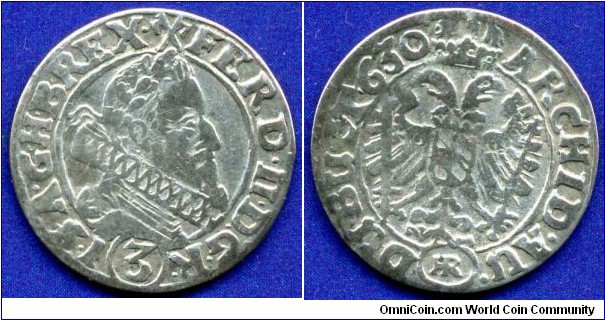 3 kreuzer.
Austria.
Ferdinand III (1627-1657).
*HR*- Glatz mint.


Ag414f. 1,74gr.