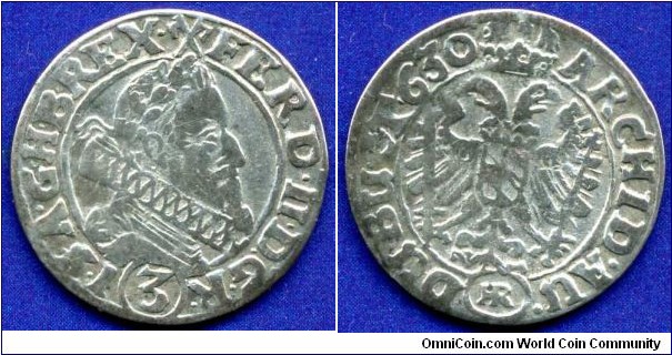 3 kreuzer.
Austria.
Ferdinand III (1627-1657).
*HR*- Glatz mint.


Ag414f. 1,74gr.