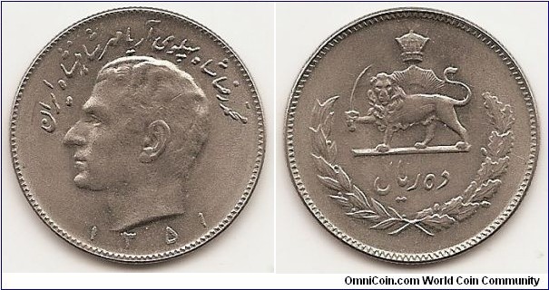 10 Rials -SH1351-
KM#1178
6.8000 g., Copper-Nickel, 28 mm.   Obv : Head left, legend above, date below Obv. Leg.: “Muhammad Reza Shah Pahlavi” Rev: Crown above radiant lion holding sword within wreath