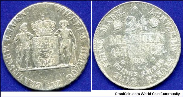 24 marien groschen (2/3 Thaler, Gulden).
Braunschweig-Luneburg-Wolfenbüttel.
Wilhelm (1831-1881).
*CvC*- Cramer von Cramersbruch in Braunschweig 1820-50.
Mintage 32,000 units.


Ag993f. 13,08gr.