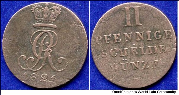 2 pfennige.
Kingdom of Hannover.
George IV (1820-1830), King of Hannover & Britain.
Mintage 154,000 units.


Cu.