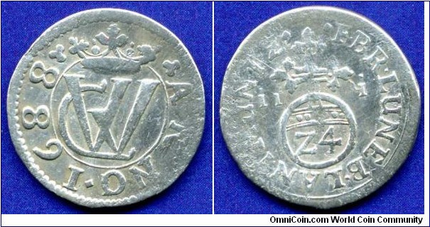 Groschen (Apfelngroschen, 1/24 Thaler).
Braunschweig-Luneburg-Celle.
Georg II Wilhelm (1665-1705).
*i.i.i.*- Celle mint, mintmaster Jobst Jakob Janisch 1685-1705).


Ag.