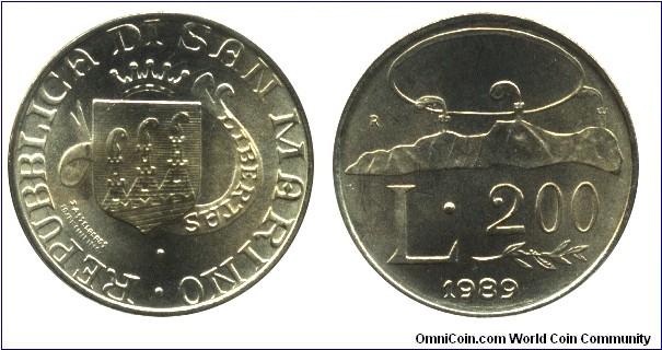 San Marino, 200 liras, 1989, Al-Bronze, 24mm, 5g, Stylized view of San Marino.