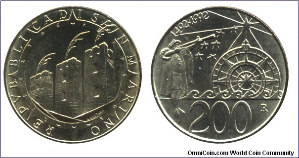 San Marino, 200 liras, 1992, Al-Bronze, 24mm, 5g, 1492-1992, Columbus.
