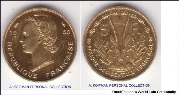 KM-E3, 1956 French West Africa essai 5 francs; aluminum-bronze, plain edge;proof like obverse, some toning on reverse, mintage 2,300.