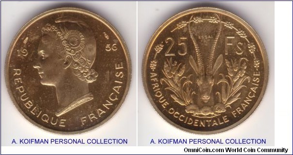 KM-E5, 1956 French West Africa essai 25 francs; aluminum-bronze, reeded edge; toned, proof like with soem cameo effects, mintage 2,300.