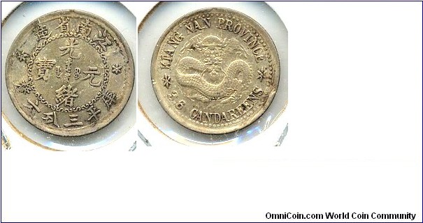 光緒元寶 (KUANG HSU YUAN BAO), 5 CENTS, Silver, Kiang Nan Province. 江南省省造，光绪元宝，庫平三分六厘银币。