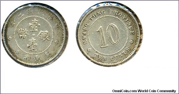 10 CENTS (壹毫銀幣), Silver, Kwangtung Province, Republic of China Year 2.