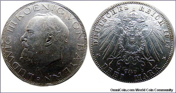 3 mark , Ludwig III, Bavaria, 16,6670 g., .900 Silver, .4823 oz 	
