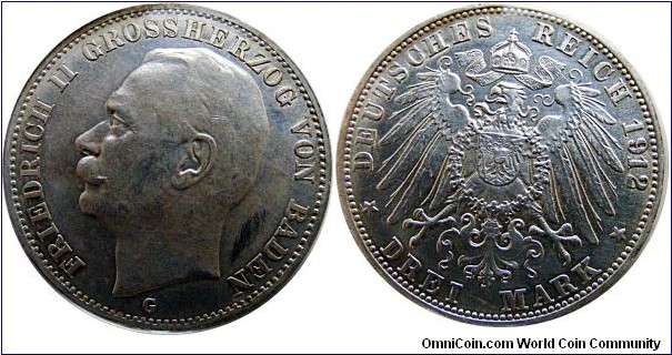 3 mark, Friederich II, Baden, 16,6670 g., .900 Silver, .4823 oz 	