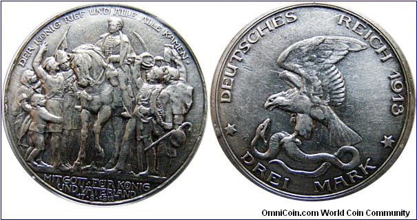 3 mark, 100 Years Defeat of Napoleon, Prussia, 16,6670 g., .900 Silver, .4823 oz 	