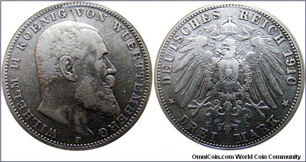 3 mark, Wurtenberg, 16,6670 g., .900 Silver, .4823 oz 	