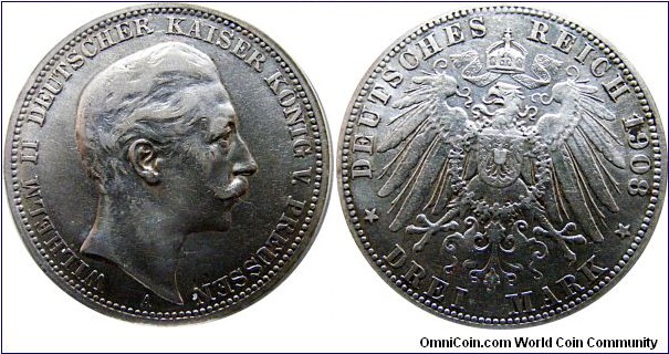 3 mark, Prusia, 16,6670 g., .900 Silver, .4823 oz 	