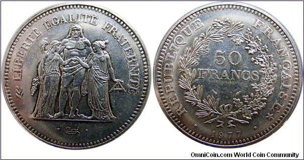 50 Francs, 30 g , .900 Silver ,.8682 oz Mint : Paris- w/o mint mark 