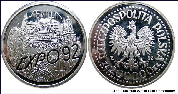 200000 Zł Seville Expo '92, 31,1 g , .999 Silver , 1 oz 