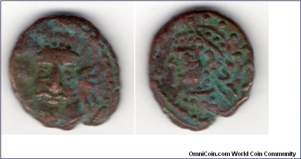 Elymais
Orodes IV
c AD 190?
AE Drachm
2.93g 14mm
Facing bust of king
Bust of Queen Ulfan or Artemis-Tyche 