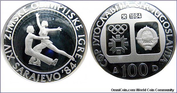 100 Dinara, Winter Olympics, Pairs Figure Skating, 13 g, .925 Silver, .3867 oz