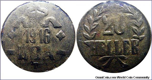 20 Heller, German East Africa, Brass 1916 T, B& rev B 