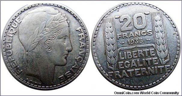 20 Francs, 20 g, .680 Silver, .4372 Oz, (sl) Mint Paris- w/o mint mark 