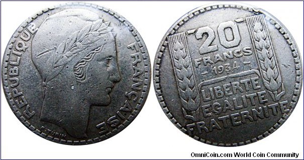 20 Francs, 20 g, .680 Silver, .4372 Oz, (sl) Mint Paris- w/o mint mark 