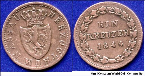 1 kreuzer.
Duchy of Nassau.
Adolph (1839-1866) von Nassau.
Mintage 188,000 units.


Cu.