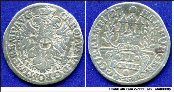 2 schilling (1/24 Thaler).
Free Imperial City Hamburg.
Carolus VI Emperor of Holy Roman Empire.
Mintmaster Johann Hinrich Lőwe, work in 1725-59.
mintage 1,380,000 units.


Ag437f. 1,96gr.