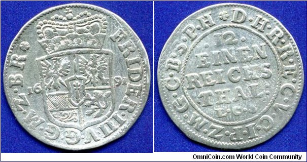 1/12 Reichs Thaler (Doppelgroschen).
Duchy of Brandenburg.
Friedrich III (1688-1701).
Berlin mint.
*LCS* - mintmaster Lorenz Christoph Schneider, work on Berlin mint in 1682-1701.


Ag. 