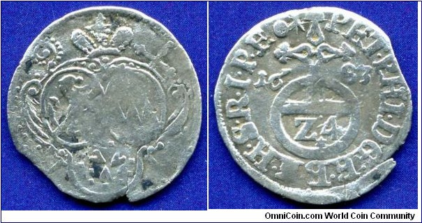 1/24 Thaler (Groschen, Appfelngroschen).
Bamberg, Bistum (Bishopric).
Peter Philipp von Dernbach (1672-1683).


Ag.