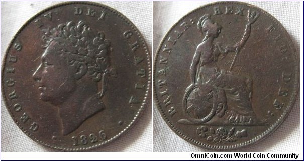 1826 halfpenny, Fine grade.