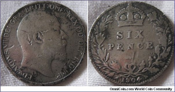 1904 sixpence, one of the harder dates for Edward VII sixpences.