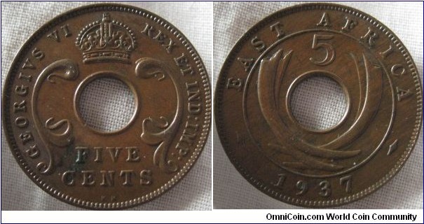 1937 K.B 5 cents. EF, some verdigris