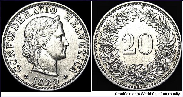 Switzerland - 20 Rappen - 1929 - 4,0 gr - Nickel - Size 21,05 mm - Thickness 1,65 mm - Alignment medal (0) - Obverse designer / Karl Schwenzer - Reverse designer / Karl Friedrich Voigt - Mint mark : B = Bern - Edge : Plain - Mintage 2 000 000 - Reference KM# 29 (1901-38)