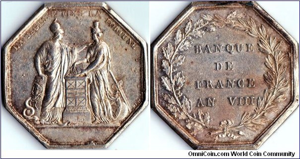 scarcer variety of the `Banque de France' silver jeton dated an VIII (1793). This one has a retrograde `MUD' signature for `Dumarest' at 4 o'clock obverse at border