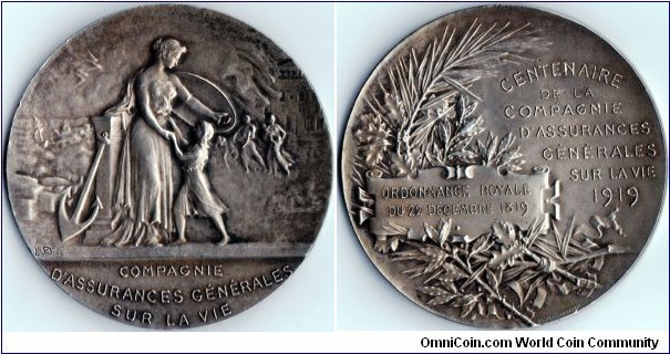 Silver medal issued for the centenary of the Compagnie D'Assurances Generales