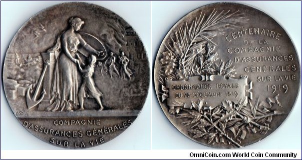 Silver medal issued for the centenary of the Compagnie D'Assurances Generales